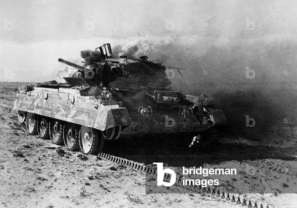 Burning British tank in the Battle of Agedabia, 1942 (b/w photo)