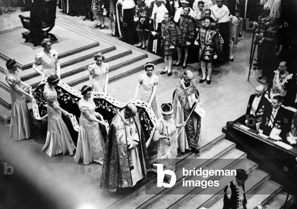 Queen Elizabeth after her coronation ceremony, 1937 (b/w photo)