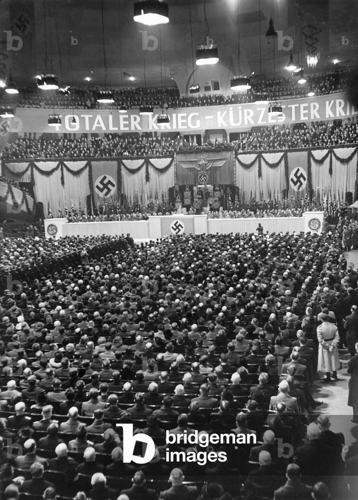 Josef Goebbels giving his 'Total War' speech in the Berlin Sport Palace, 1943 (b/w photo)