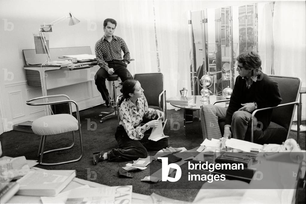 Karl Lagerfeld at his office at Maison Chloe, 1972 (b/w photo)