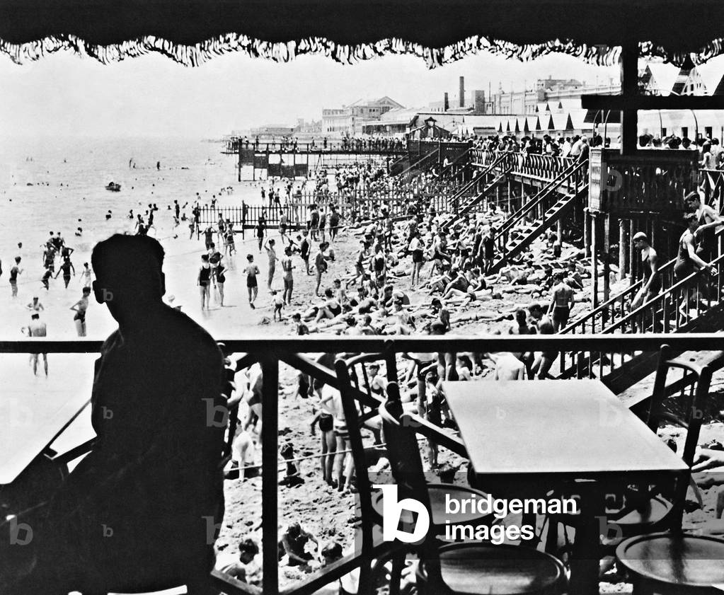 On the beach of Barcelona, 1928 (b/w photo)
