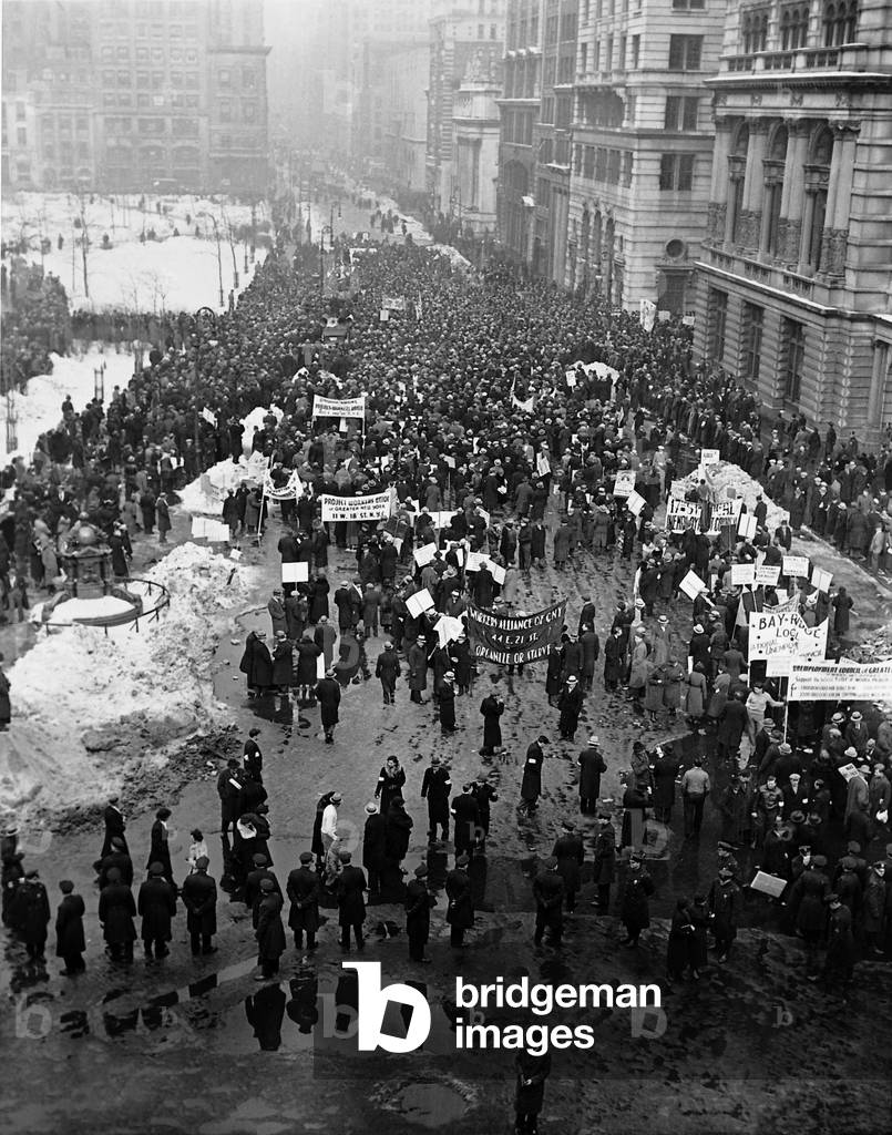 Unemployment demonstration during the Great Depression, 1936 (b/w photo)