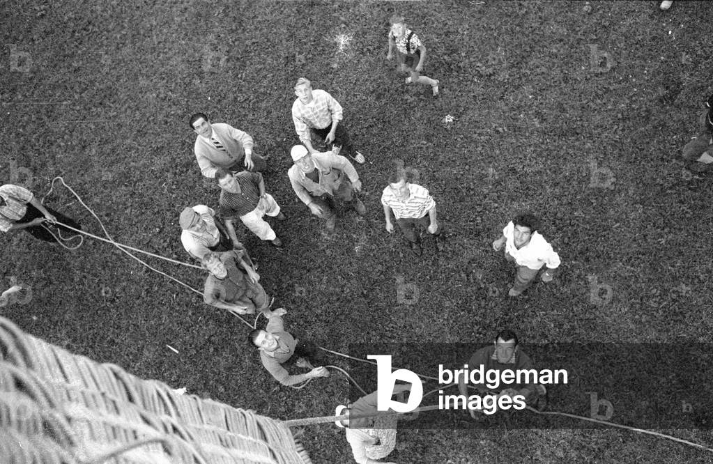Hot air balloon landing, 1959 (b/w photo)
