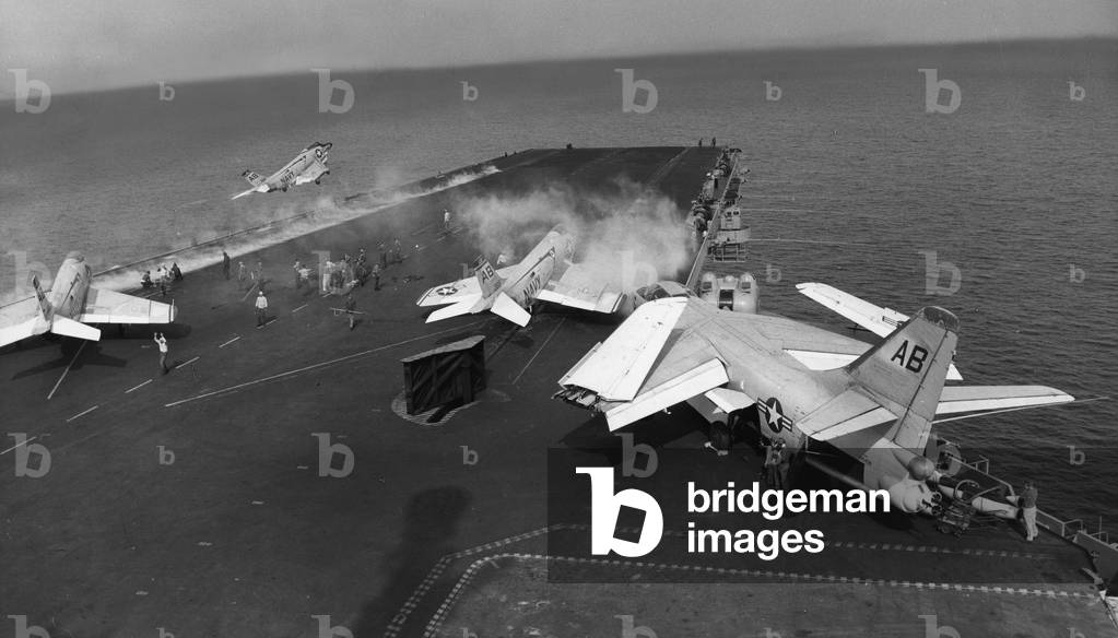 Aircraft aboard the USS Forrestal, 1957 (b/w photo)