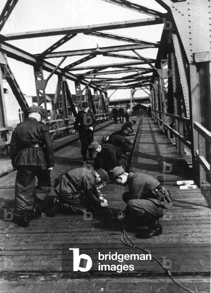 Troops working on the construction of a bridge in the Netherlands  during Operation Market Garden, World War Two, Netherlands, 1944 (b/w photo)