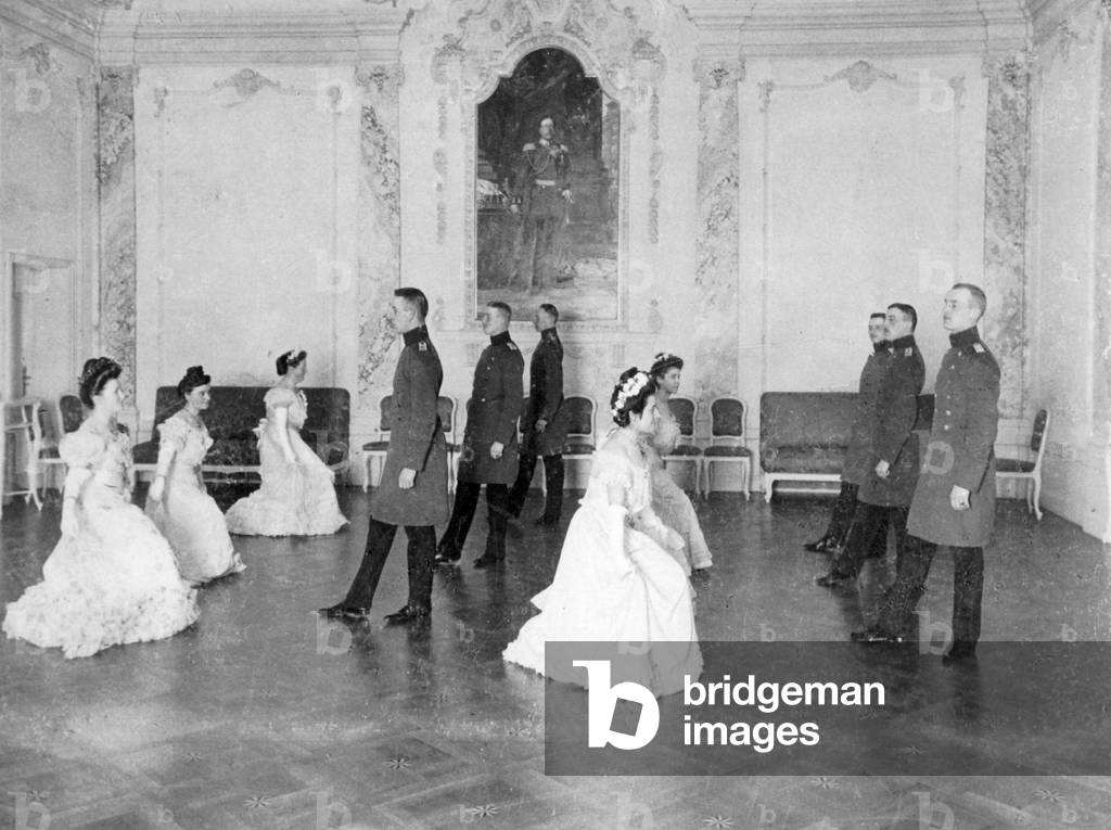 Officers' dance lesson, 1906 (b/w photo)
