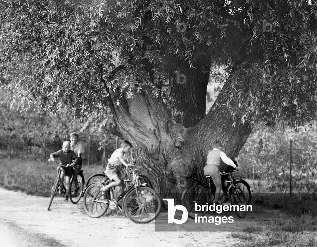 Children while cycling, 1937 (b/w photo)