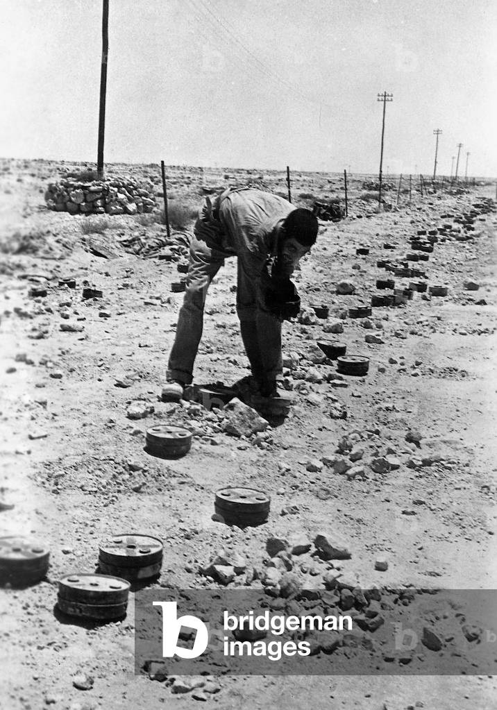 Italian sapper clearing British mines, Mersa Matruh, 1942 (b/w photo)