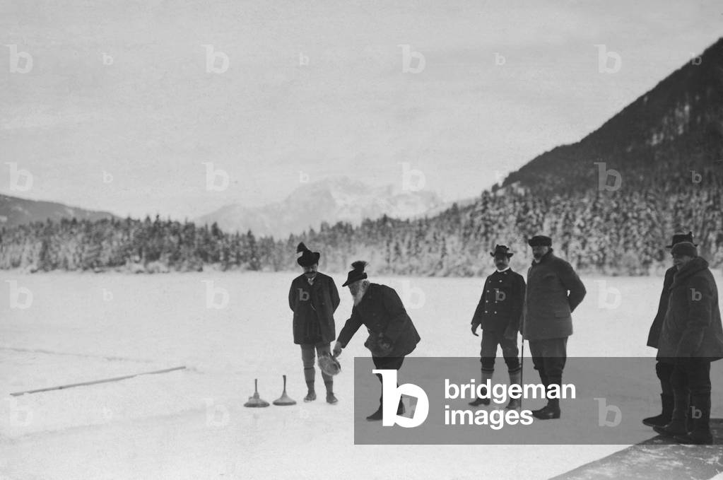 Prince Regent Luitpold of Bavaria playing curling, 1911 (b/w photo)