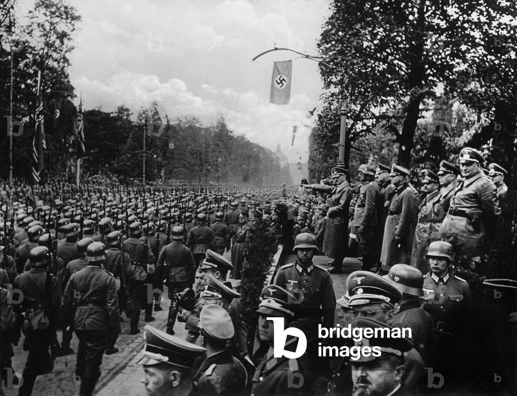 Adolf Hitler at a victory parade in Warsaw, 1939 (b/w photo)
