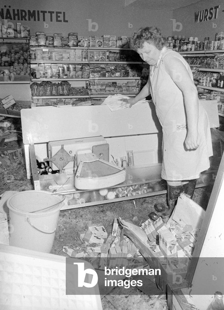 Cleaning up after a storm at Lake Chiemsee, 1974 (b/w photo)