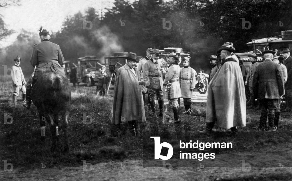 Franz Ferdinand, Alfred von Tirpitz and Wilhelm II during a hunt, 1914 (b/w photo)