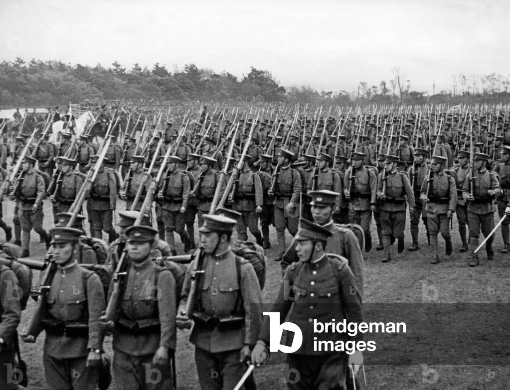 Japanese soldiers at a parade, 1939 (b/w photo)