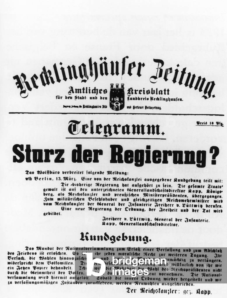 Title page of the Recklinghaeuser newspaper during the Kapp Putsch, 1920
