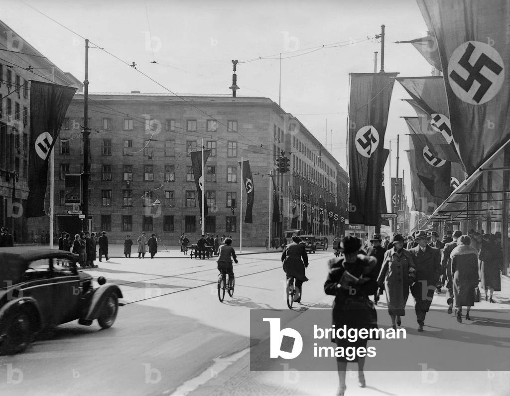 Leipziger Street in Berlin decorated with flags, 1937 (b/w photo)