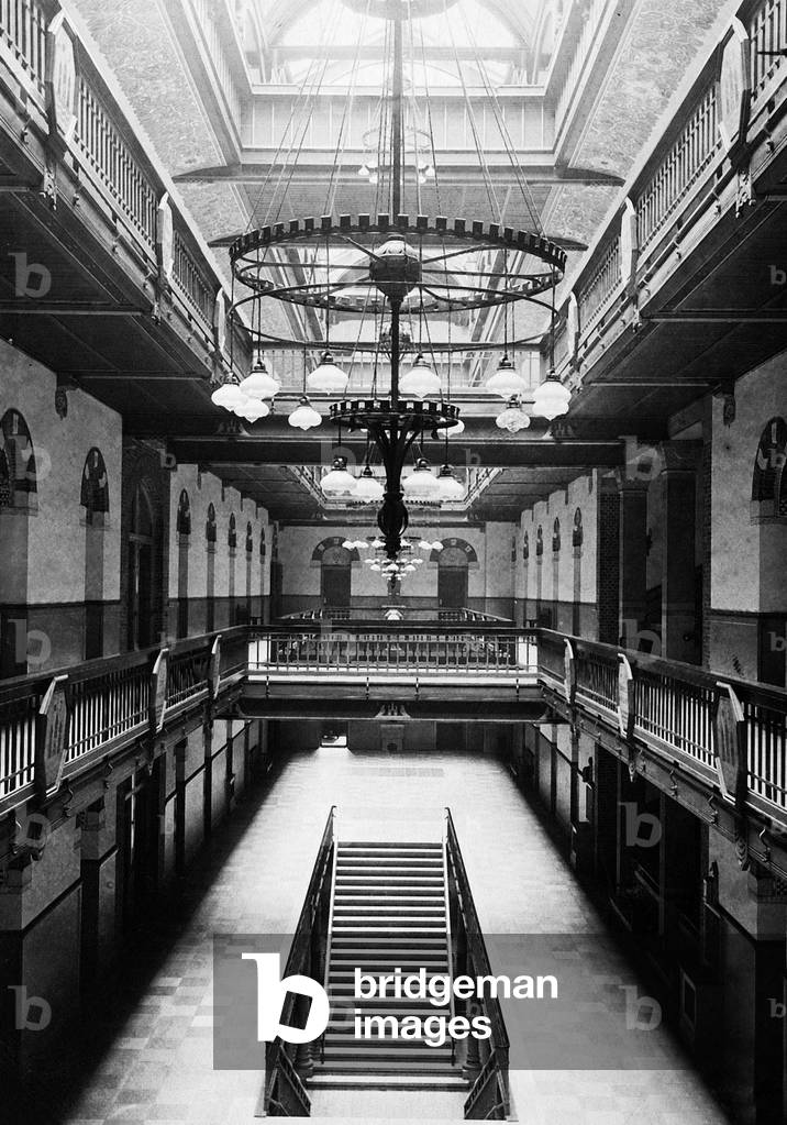 Atrium in the new City Hall in Copenhagen, 1905 (b/w photo)