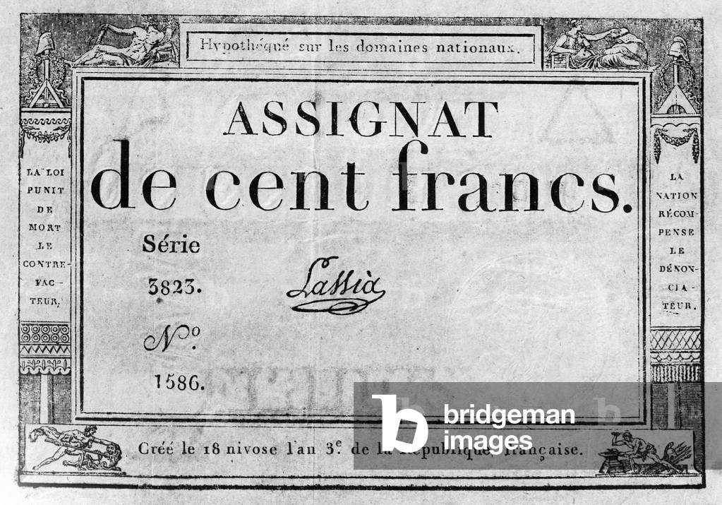 Assignat bill of 100 Francs (b/w photo)