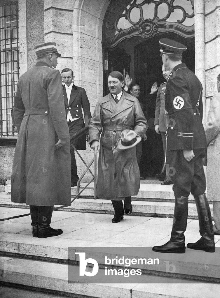 Adolf Hitler with Wilhelm Brueckner and Oskar von Hindenburg at Neudeck estate, 1934 (b/w photo)