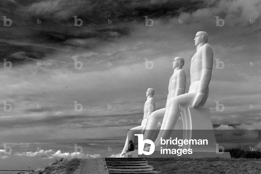 Svend Wiig Hansen's monumental sculpture 'The Men at Sea' on the beach of Esbjerg, Denmark, 30th August 2015 (b/w photo)