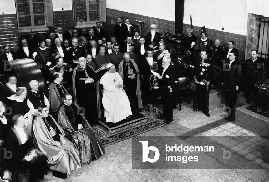 Pope Pius XI. at an inauguration of an electricity plant, 1931 (b/w photo)