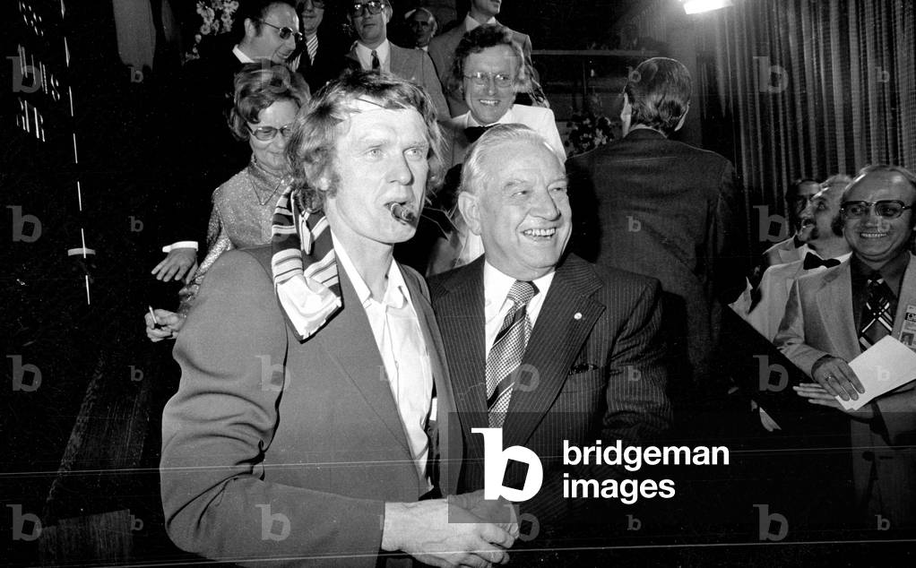 Sepp Maier and Alfons Goppel at the celebration of the World Cup victory in Munich, 1974 (b/w photo)