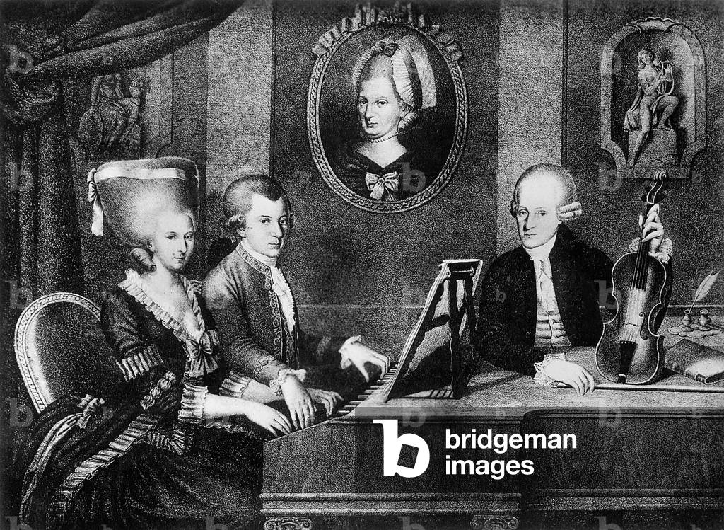 Wolfgang Amadeus Mozart with his father and his sister (b/w photo)
