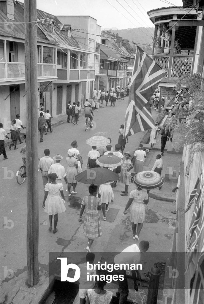 Street scene on the British Caribbean island of Antigua, 1966 (b/w photo)