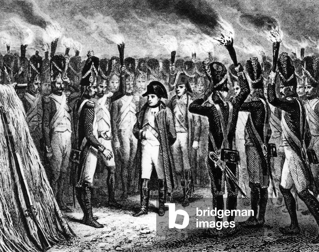Napoleon Bonaparte at the Battle of Waterloo (Belle Alliance), 1815 (print)