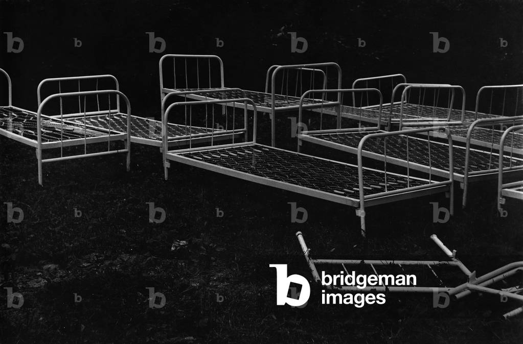 Bed frames in Poland (b/w photo)