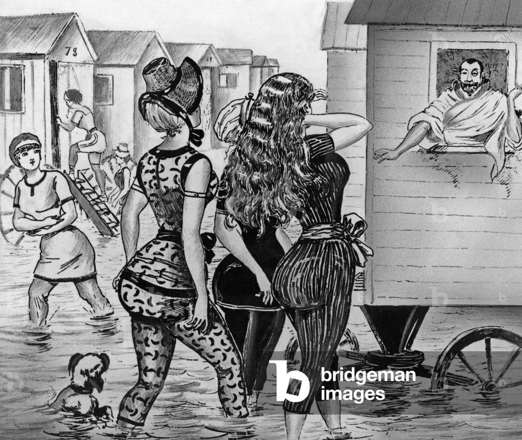 Bathers with bathing machines in Ostend, 1885