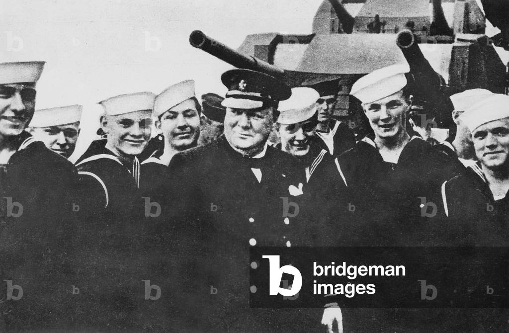 Winston Churchill with American sailors on the 'Prince of Wales (b/w photo)