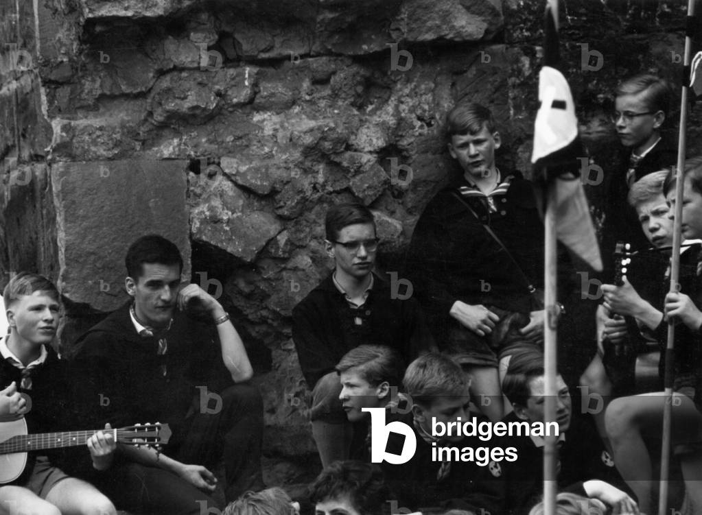 Boys at a holiday camp (b/w photo)
