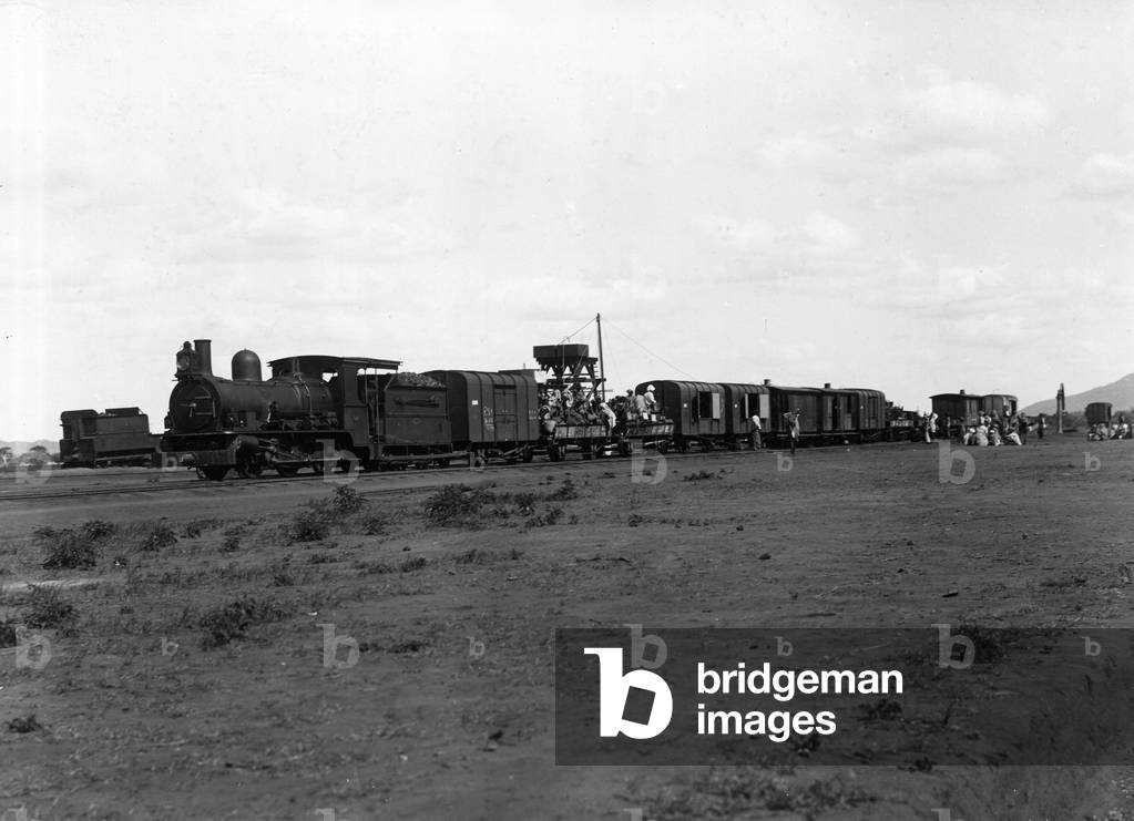 A train at the ready on the Uganda railway in British East-Africa at the beginning of the 20th century (b/w photo)