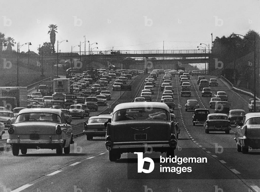 Traffic jam in Los Angeles, (b/w photo)