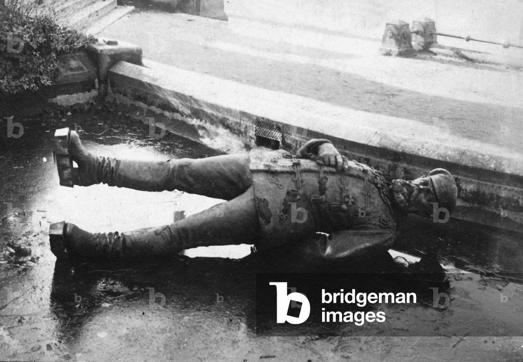 Demolished memorial in Alsace Lorraine, 1920 (b/w photo)