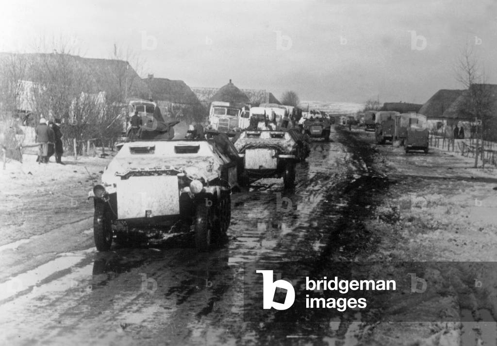 German armored personnel carriers during the Manstein Offensive in the southern sector of the Eastern front, 1943 (b/w photo)
