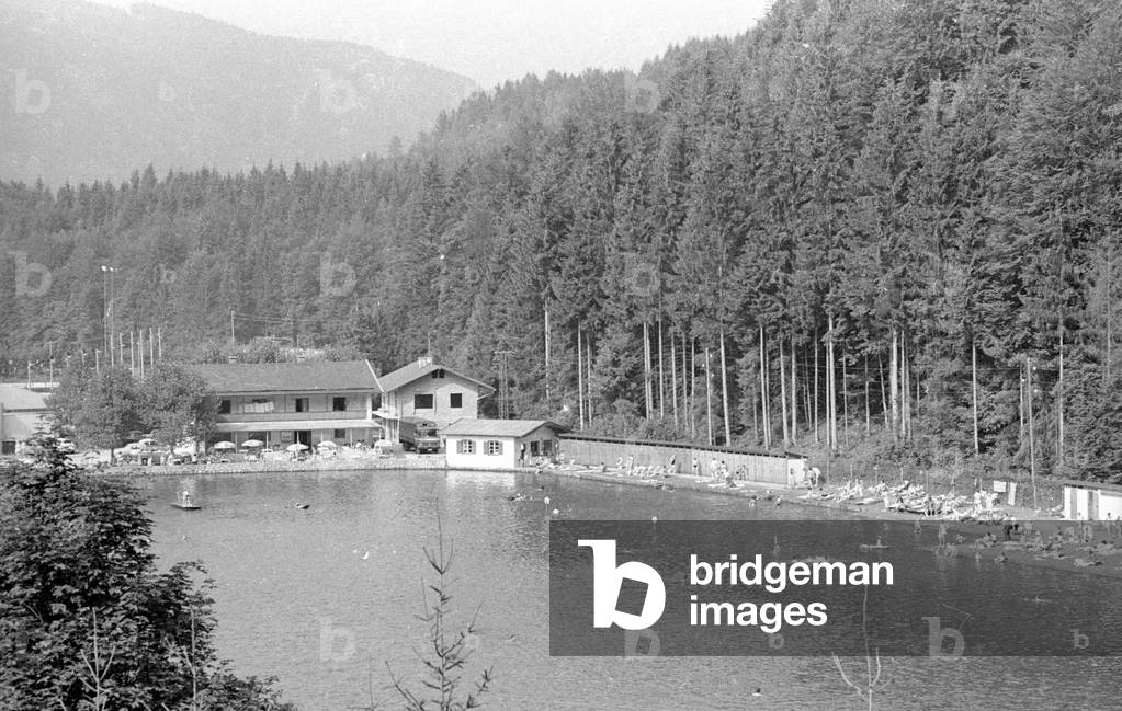 Bathing lake in Bavaria, 1971 (b/w photo)