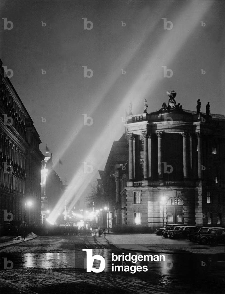 'Cathedral of Light' over the street 'Unter den Linden' in Berlin, 1939 (b/w photo)