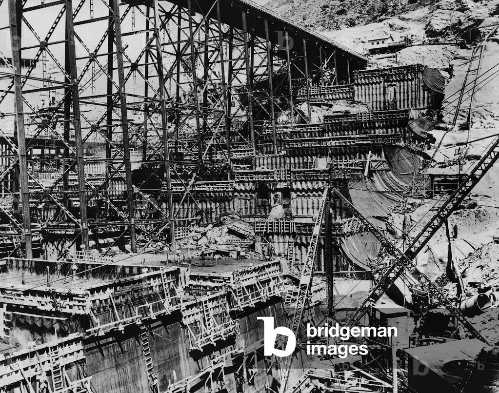 Construction site of the Grand Coulee Dam, 1937 (b/w photo)