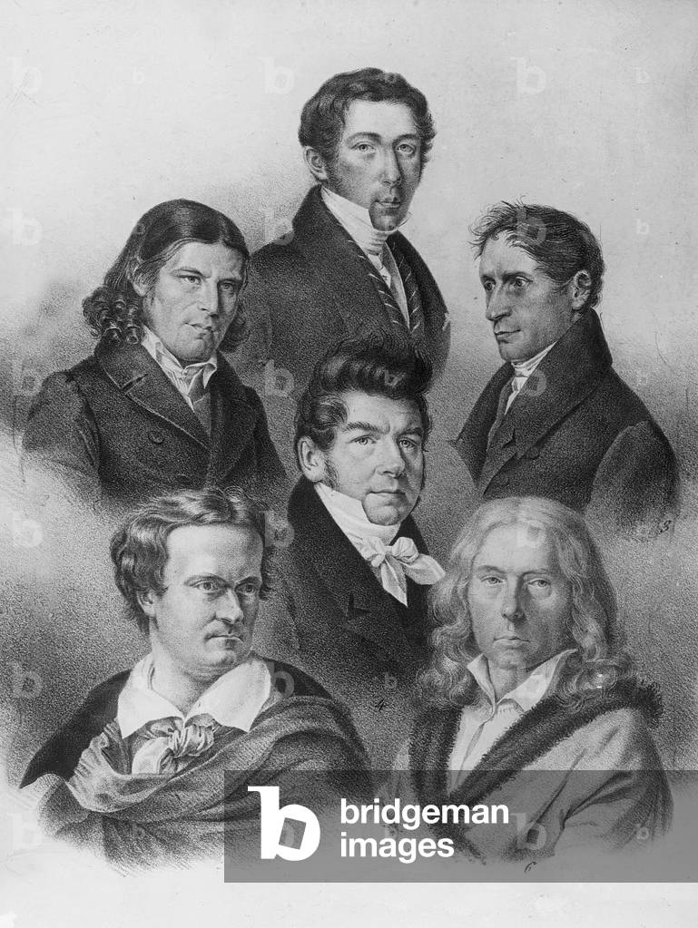 From above left: Friedrich Rueckert, Karl von Koltei, Joseph von Eichendorff, below left: Karl Immermann, Ernst Raupach, Adalbert van Chamisso (litho)