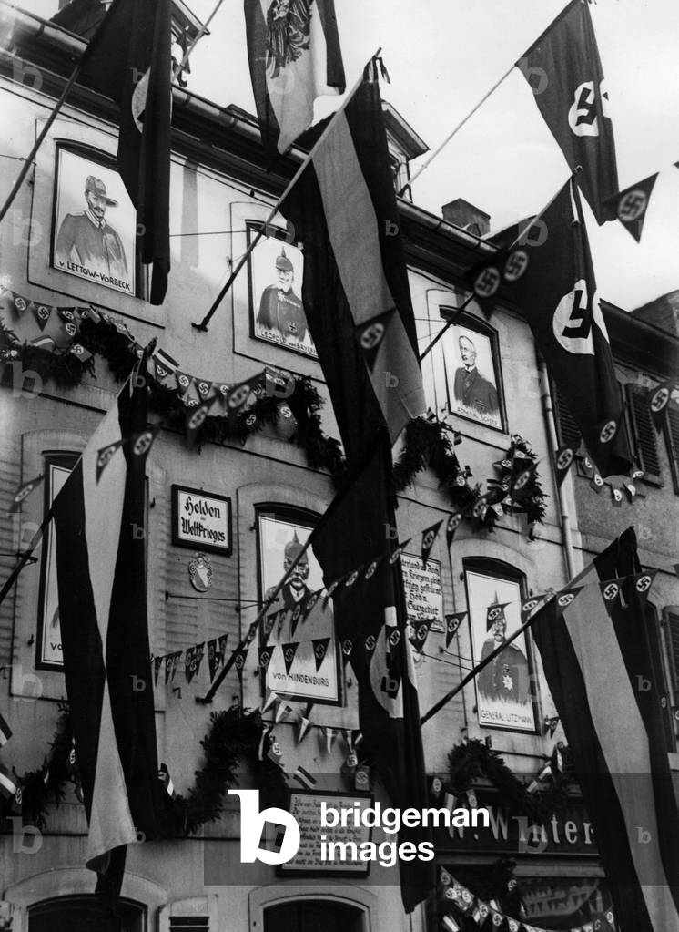 Flag decoration after the referendum in the Saar area, 1935 (b/w photo)