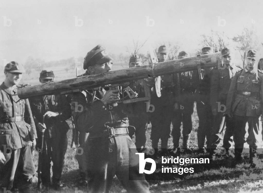 German soldiers during the training on the bazooka, 1944 (b/w photo)