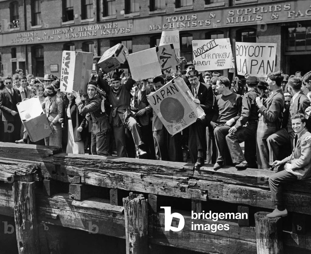 Staging of the Boston Tea Party, 1938 (b/w photo)