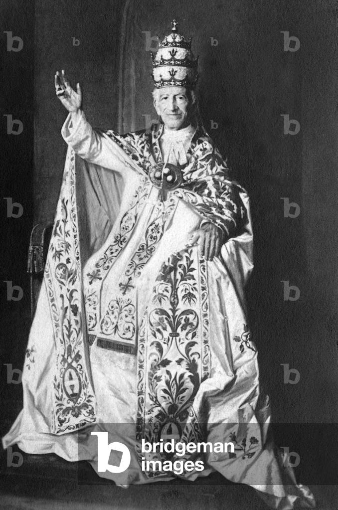 Pope Leo XIII in full regalia on the holy throne (b/w photo)