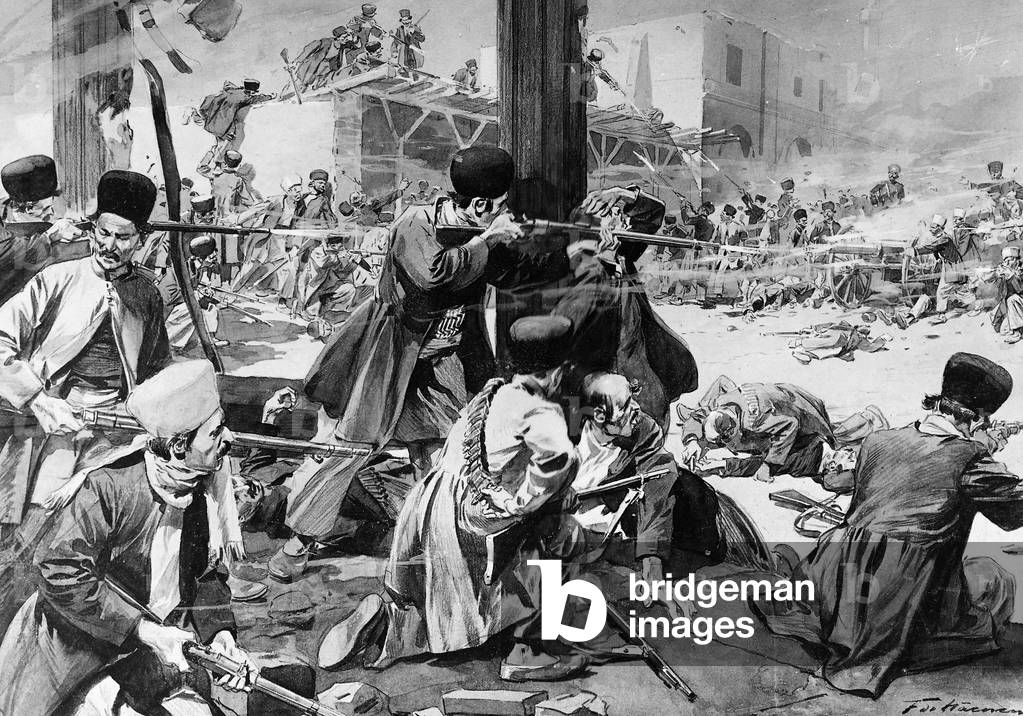 Fight at the gates of Tabriz, 1909 (b/w photo)