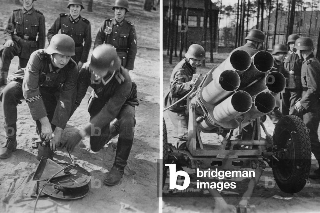 Soldiers during the training at the smoke projector, 1943 (b/w photo)