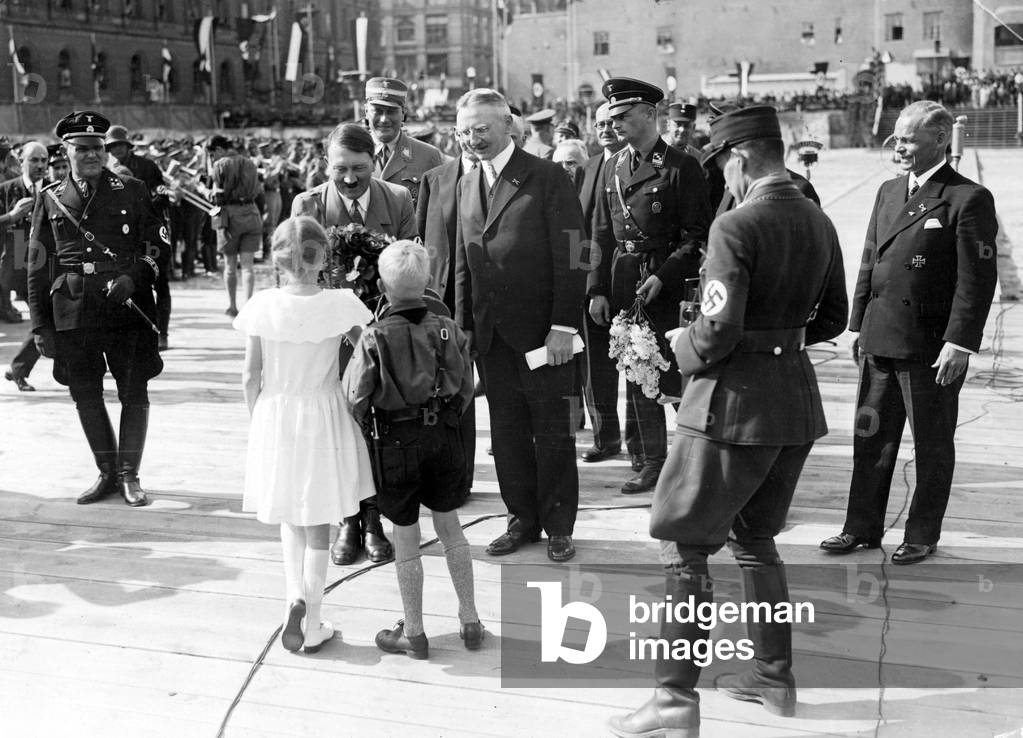 Adolf Hitler and Hjalmar Schacht at the foundation stone laying for the new Reich bank building. (b/w photo)