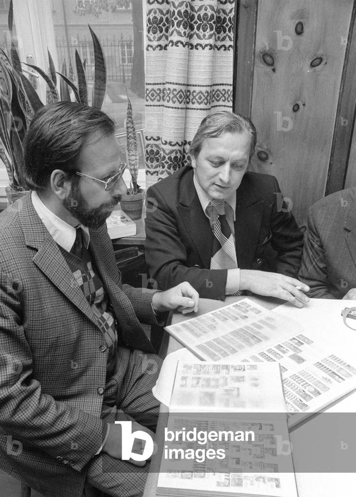 Stamp collectors, 1974 (b/w photo)