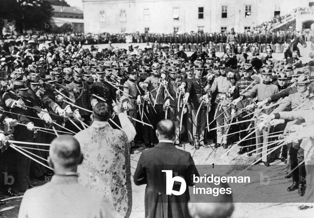 Blessing of weapons at the Military Academy in Vienna, 1913 (b/w photo)