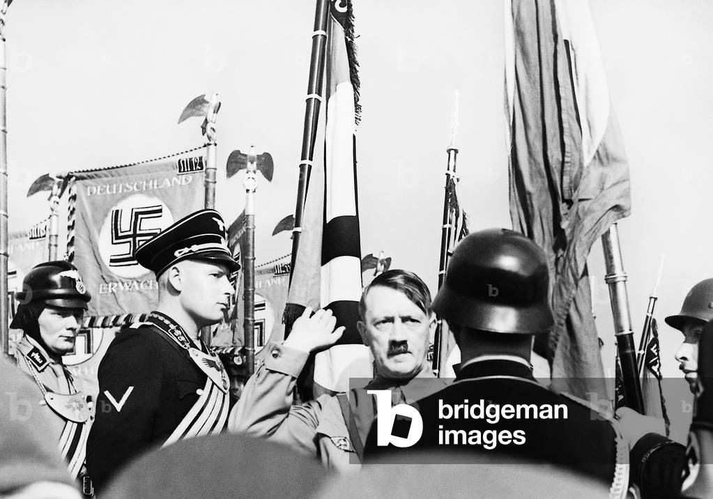 Adolf Hitler at the consecration of SS Standards on the Nuremburg Rally, 1938 (b/w photo)